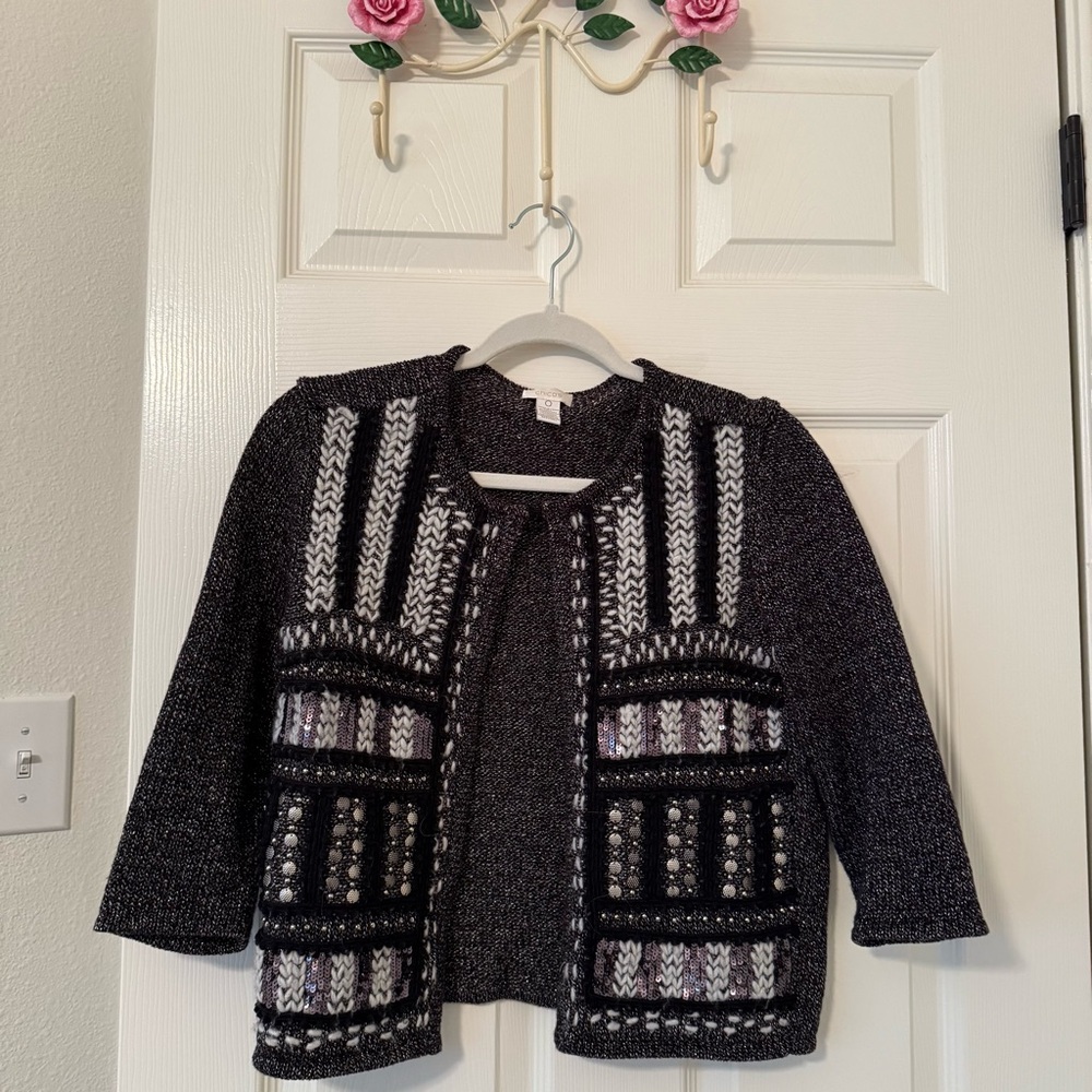 Chico's Black and White sequin Knit Cardigan holiday office workwear